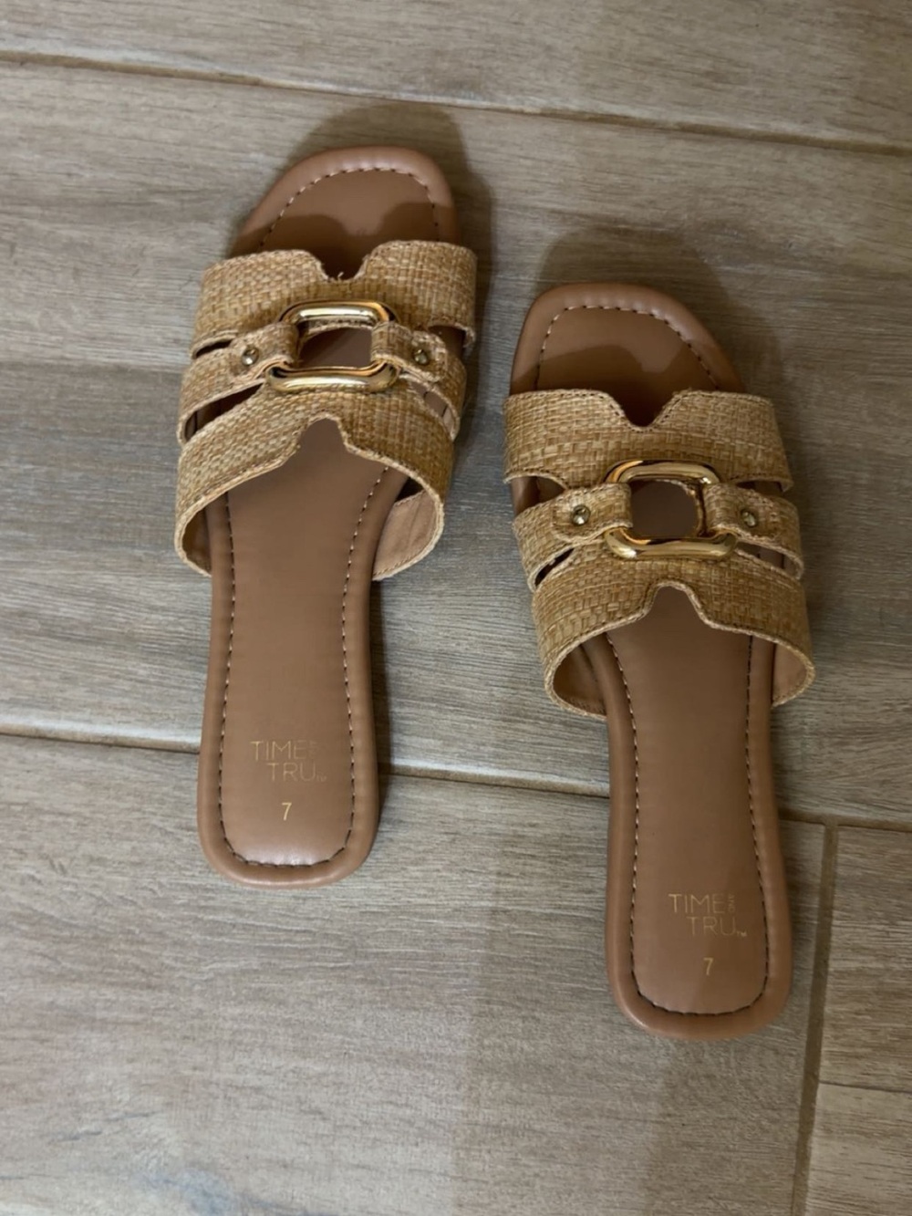 Time and Tru Tan Raffia Slide Sandals with Gold Buckle
